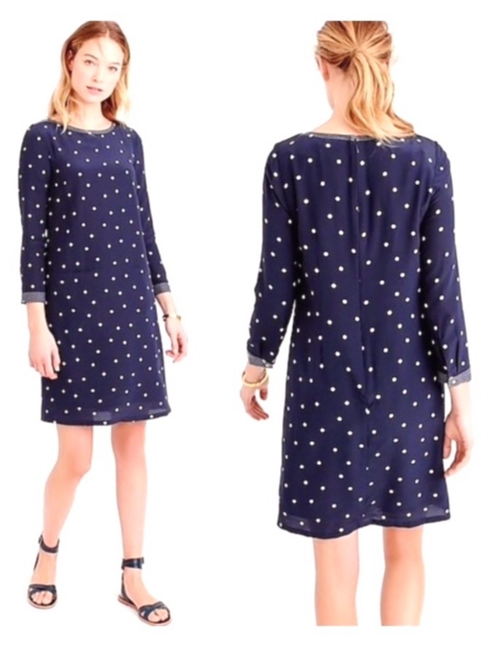 Jcrew Silk 3/4 sleeve Shift Dress with Pockets Navy and White Size 4